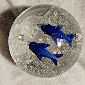 Gentile Art Glass Paperweight w/Internal Decorations Two Dolphins 1960's